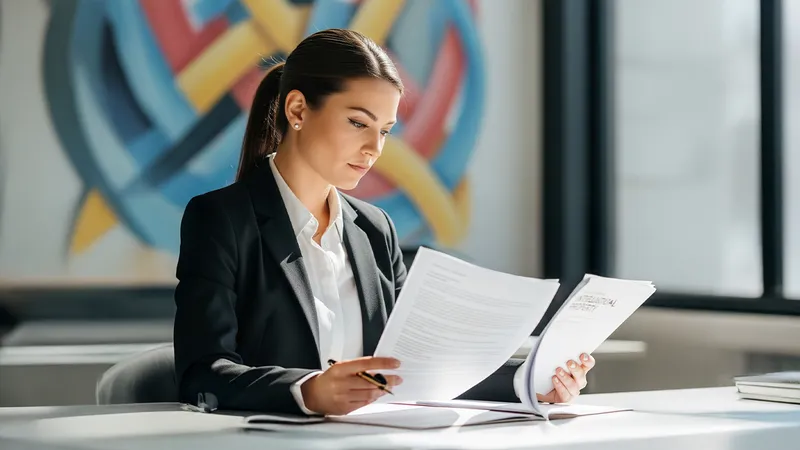 Imagen de profesional en derechos intelectuales revisando invenciones, marcas y obras.